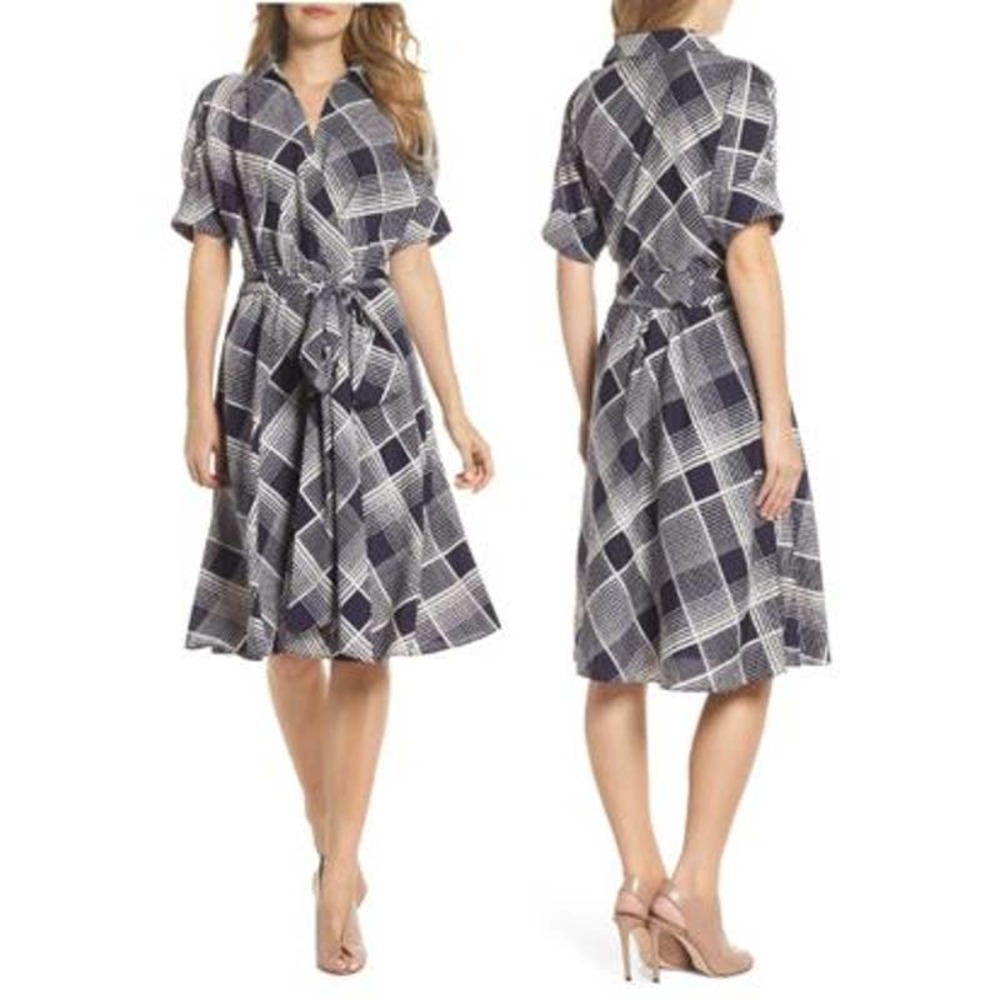 Eliza J Women's Plaid Surplice Faux Wrap Midi Dress 14 Navy Blue NWT Plus Size